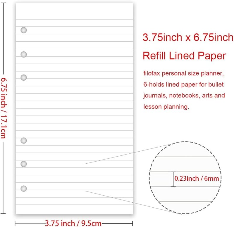 Getvow (2 Pack) A6 Lined Refill Paper, 200 Sheets/400 Pages Loose Leaf Paper for Filofax Personal Binders, 6 Holes Punched, 100gsm Ruled White Pages, 3.75'' x 6.75'' - Image 2